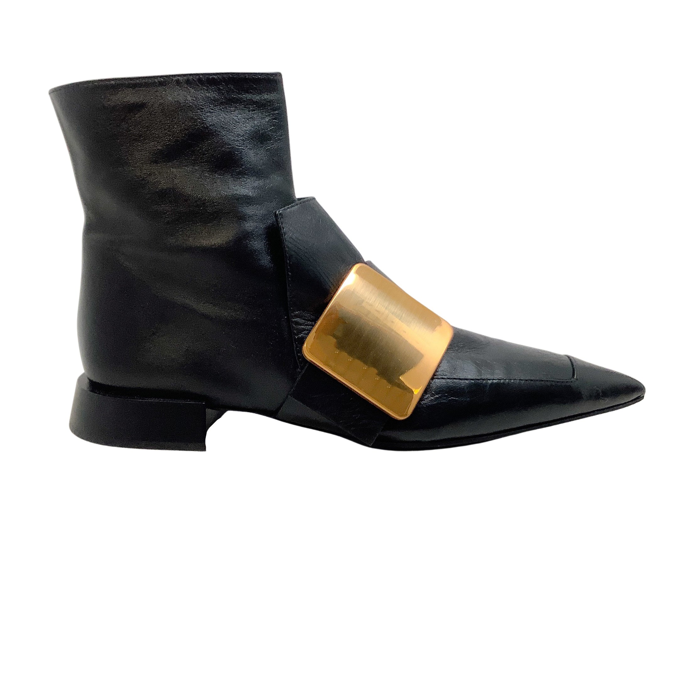 Jil Sander Black Leather Pointy Toe Gold Buckle Booties