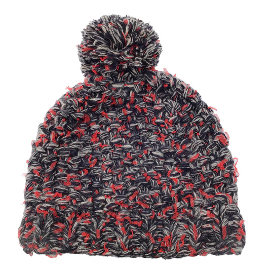 Chanel Red / Grey / Black Woven Cashmere and Silk Chunky Knit Pom Pom Beanie / Hat
