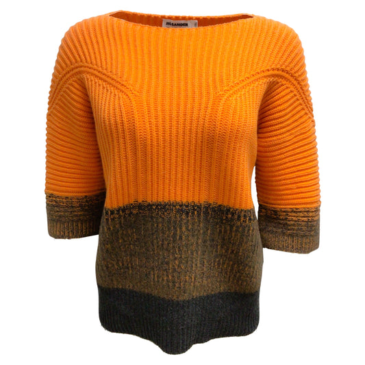 Jil Sander Short Sleeved Ribbed Knit Cashmere Orange / Charcoal Grey Sweater