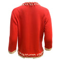 Load image into Gallery viewer, Chanel Pearl Embellished Braided Trim Long Sleeved Cashmere Knit Cardigan Poppy Red / Ivory Sweater
