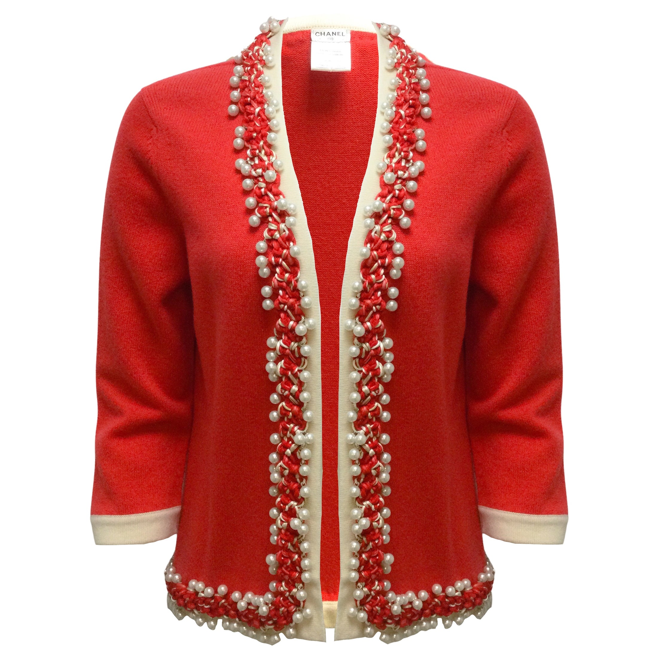 Chanel Pearl Embellished Braided Trim Long Sleeved Cashmere Knit Cardigan Poppy Red / Ivory Sweater