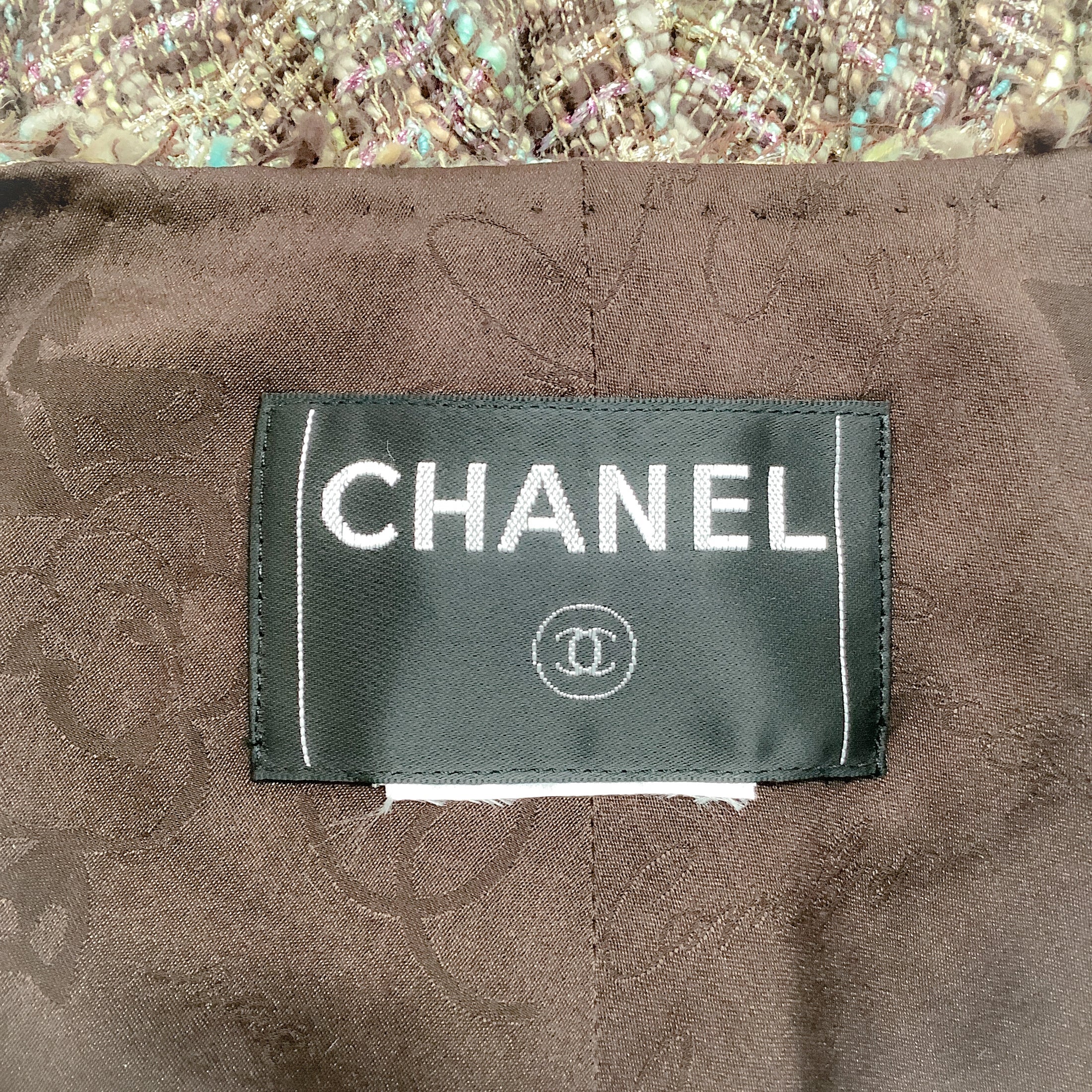 Chanel Brown / Green Tweed Jacket with Sheer Sleeves