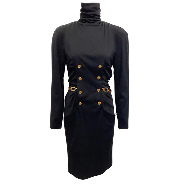 Chanel Vintage Black Wool Dress With Gold Buttons and Chain Belt