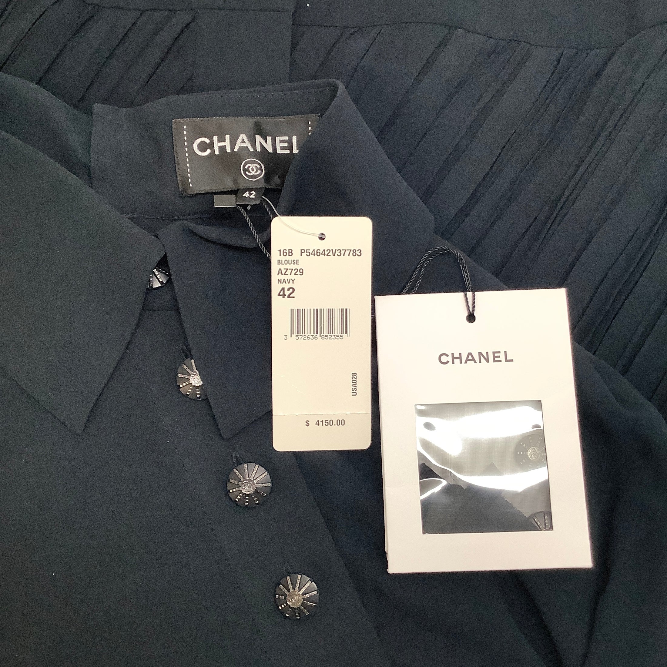 Chanel Navy Silk Asymmetric Pleated Blouse