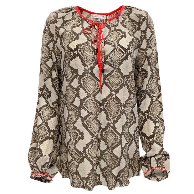 Altuzarra Tan Snake Print Lace Up Blouse with Red Trim