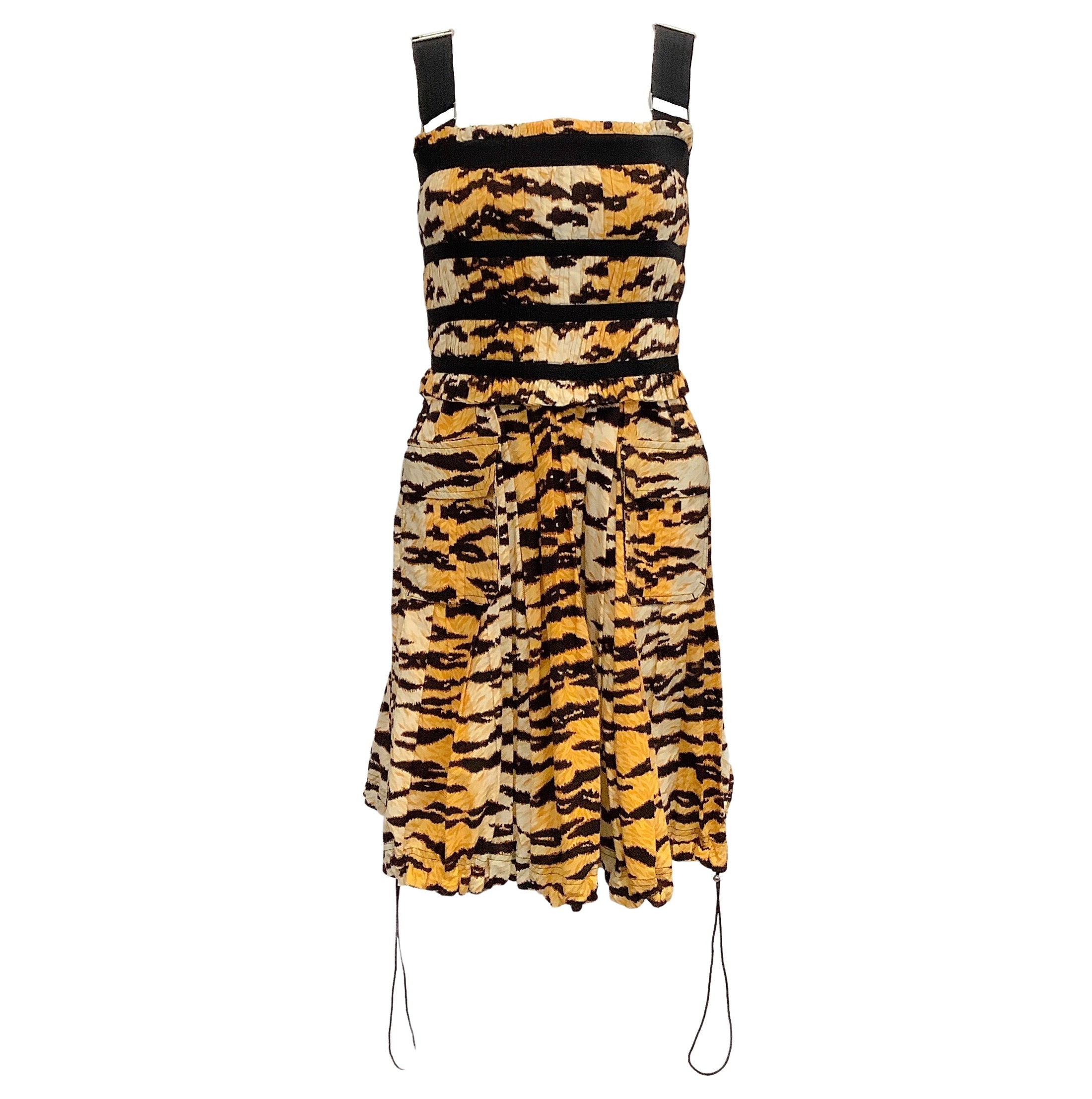 Dolce & Gabbana Gold / Black Animal Print Sleeveless Dress with Drawstring Hem