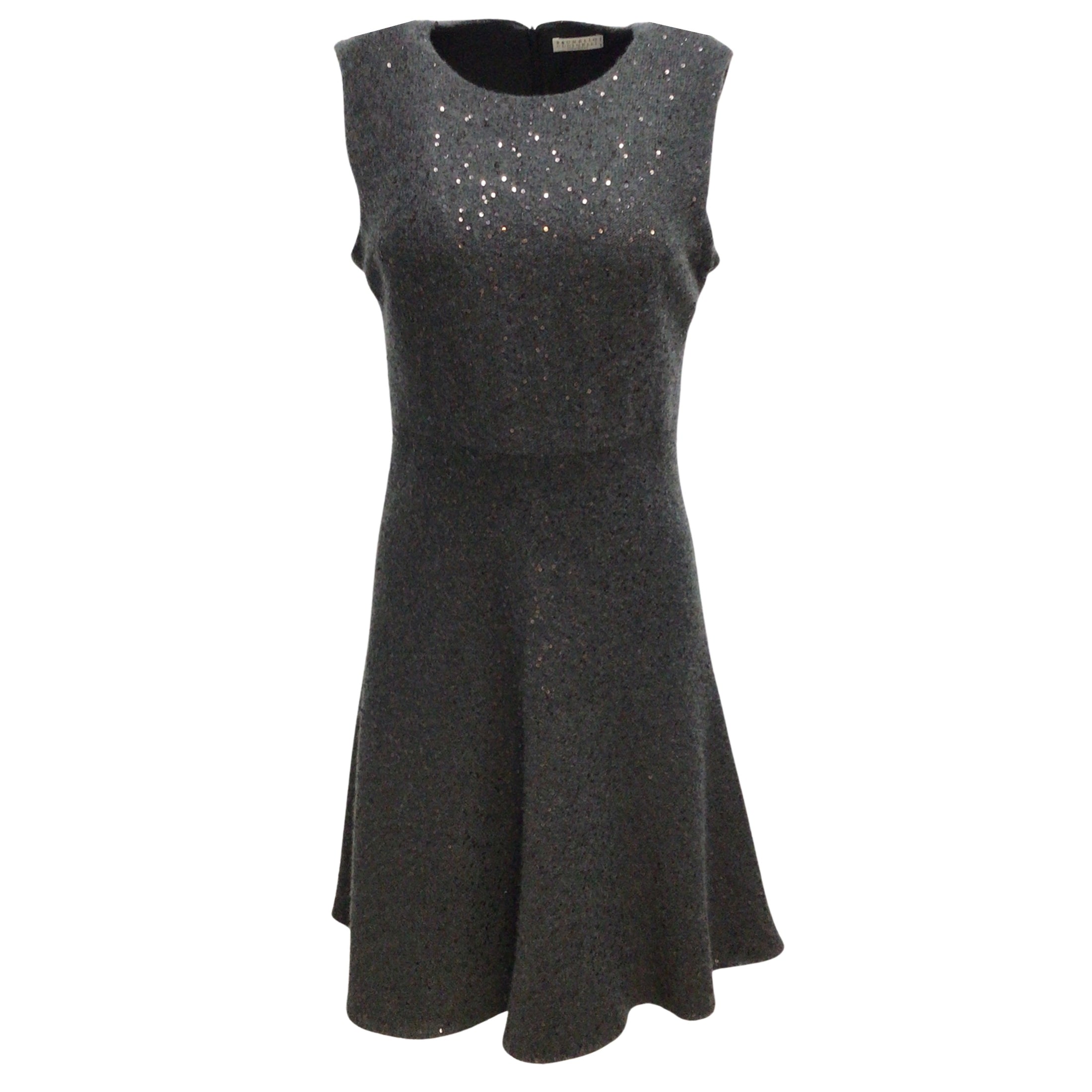 Brunello Cucinelli Charcoal Grey Sequined Sleeveless Cashmere and Silk Flared Work/Office Dress
