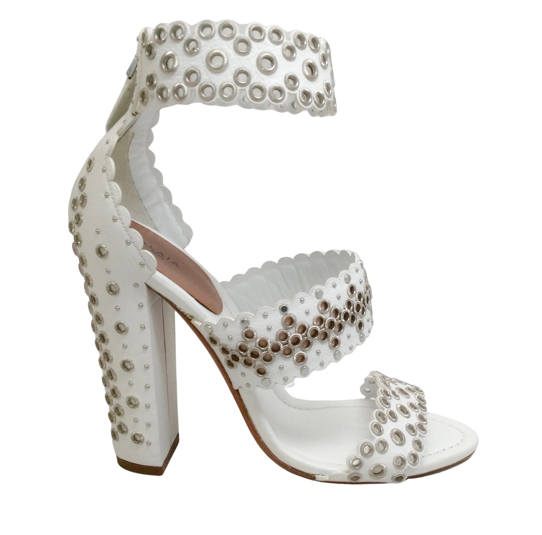 ALAÏA White Leather Grommet with Ankle Strap Sandals