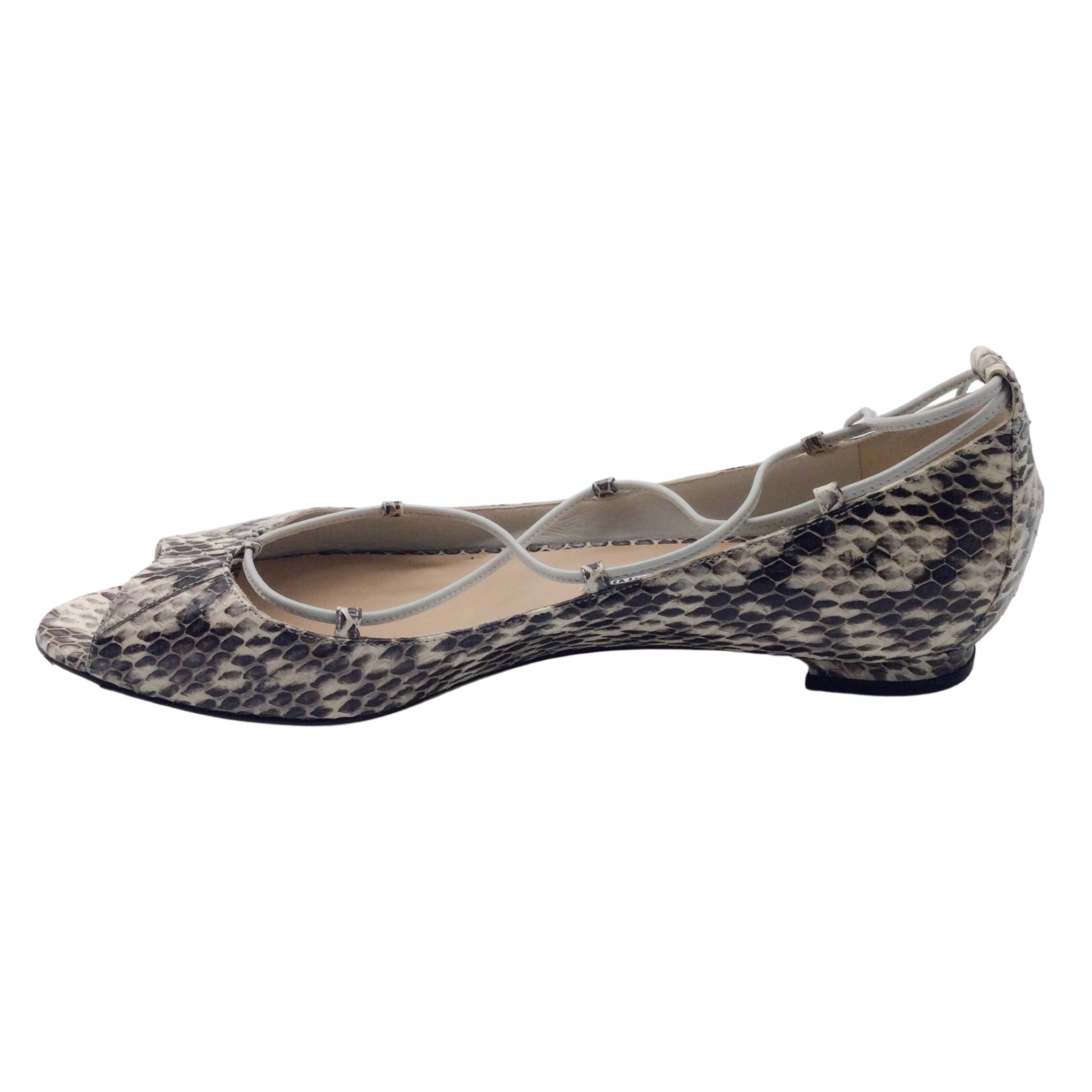Manolo Blahnik Ivory / Brown Aneska Snakeskin Leather Lace-up Open-toe Flats