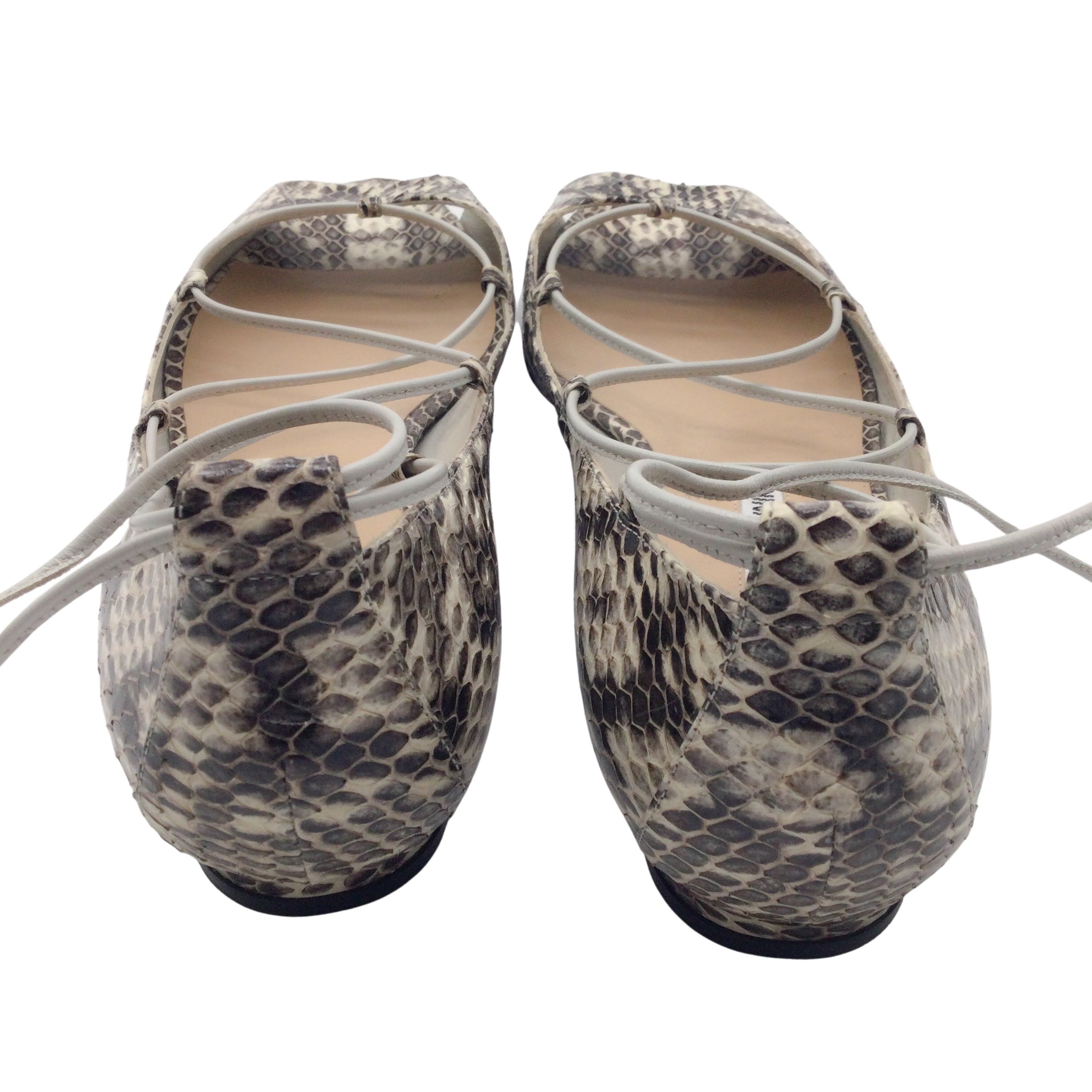Manolo Blahnik Ivory / Brown Aneska Snakeskin Leather Lace-up Open-toe Flats