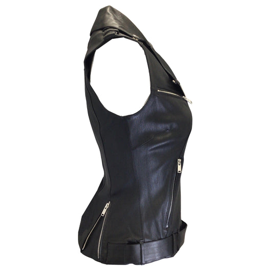 Jitrois Black Stretchy Lambskin Leather Moto Zip Vest