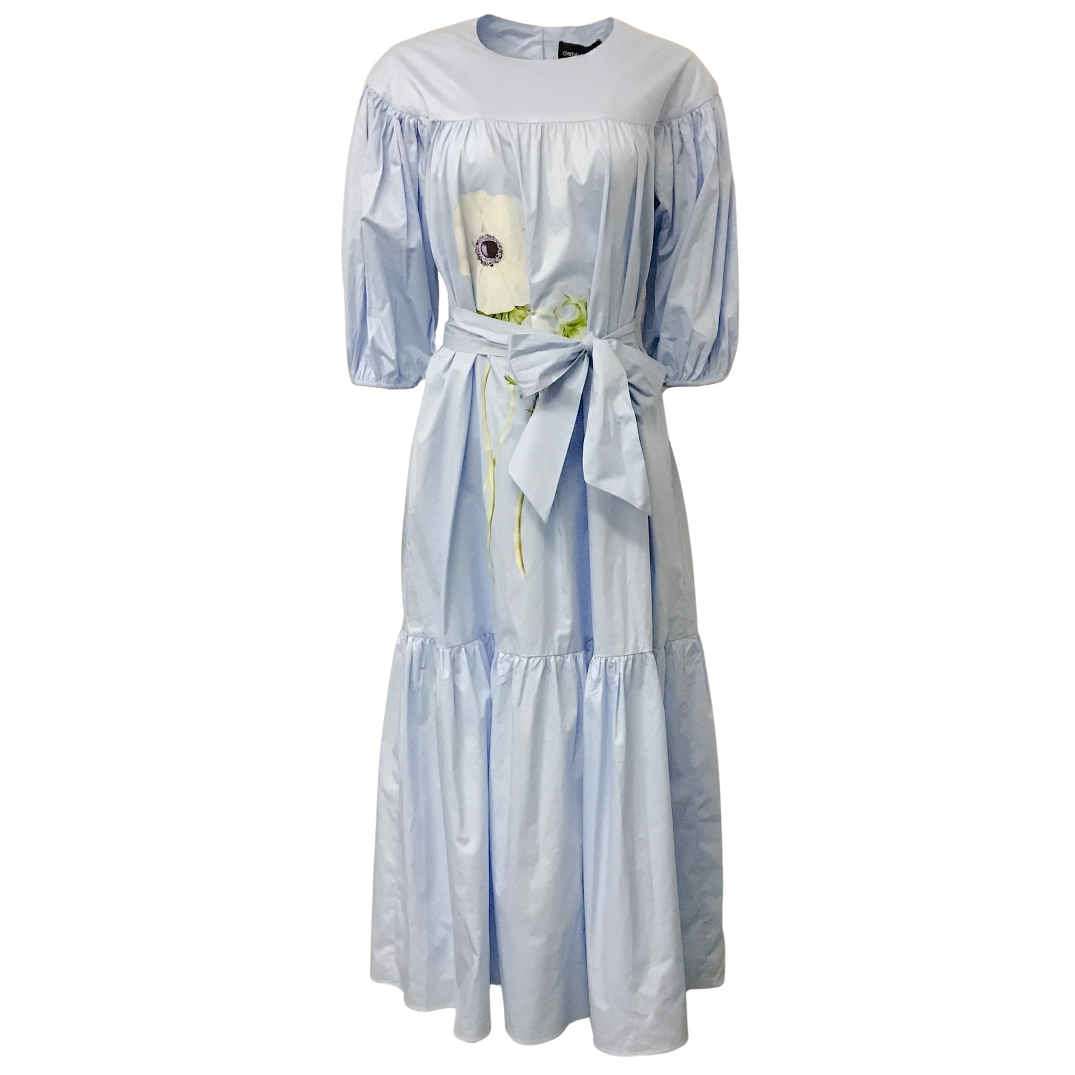 Cynthia Rowley Light Blue Papaver Poppy Tiered Cotton Puff Sleeve Casual Maxi Dress