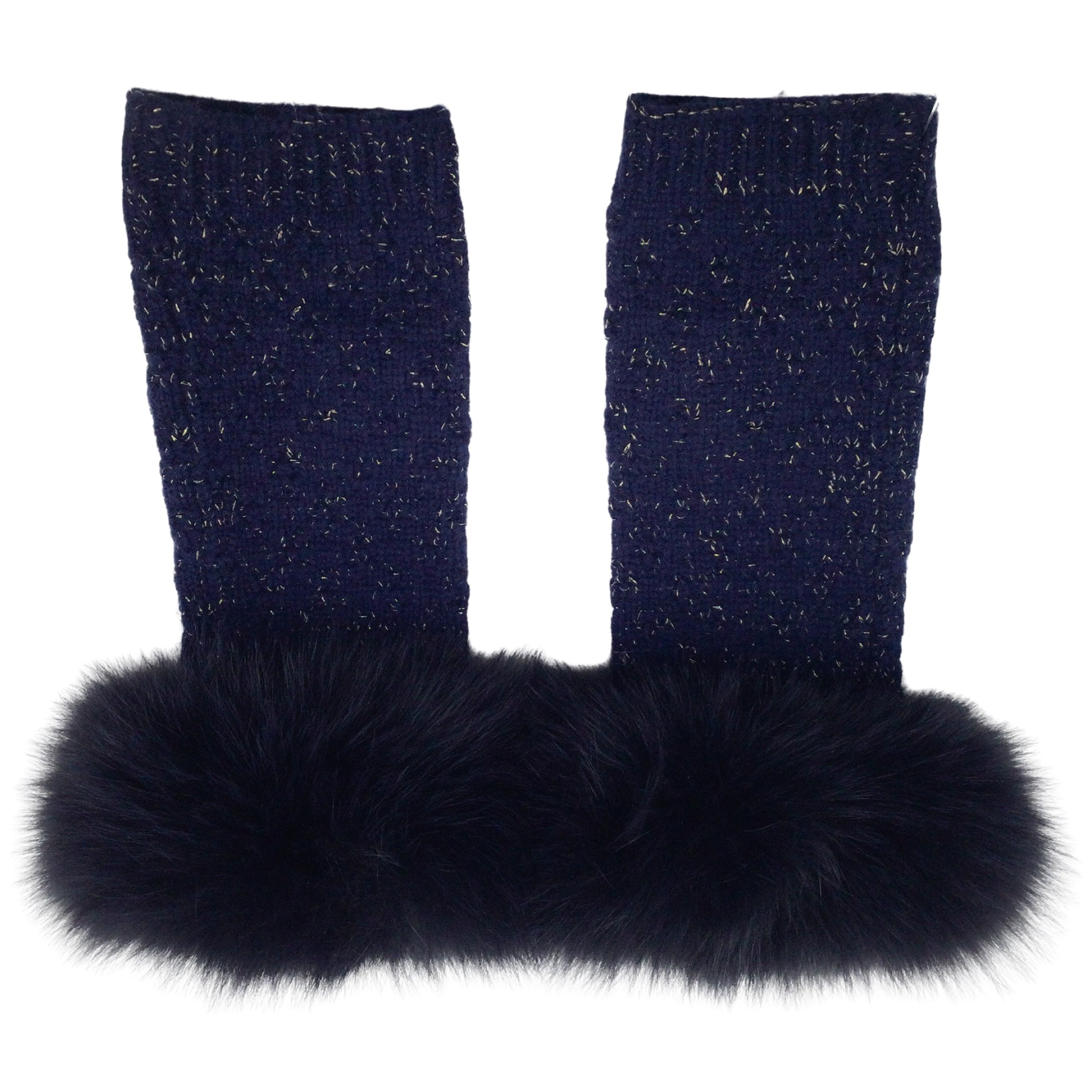 Yves Salomon Navy Blue Wool & Cashmere Gloves With Fox Fur Trim