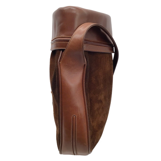 Gucci Vintage Brown / Gold Horsebit Detail Suede and Leather Shoulder Bag