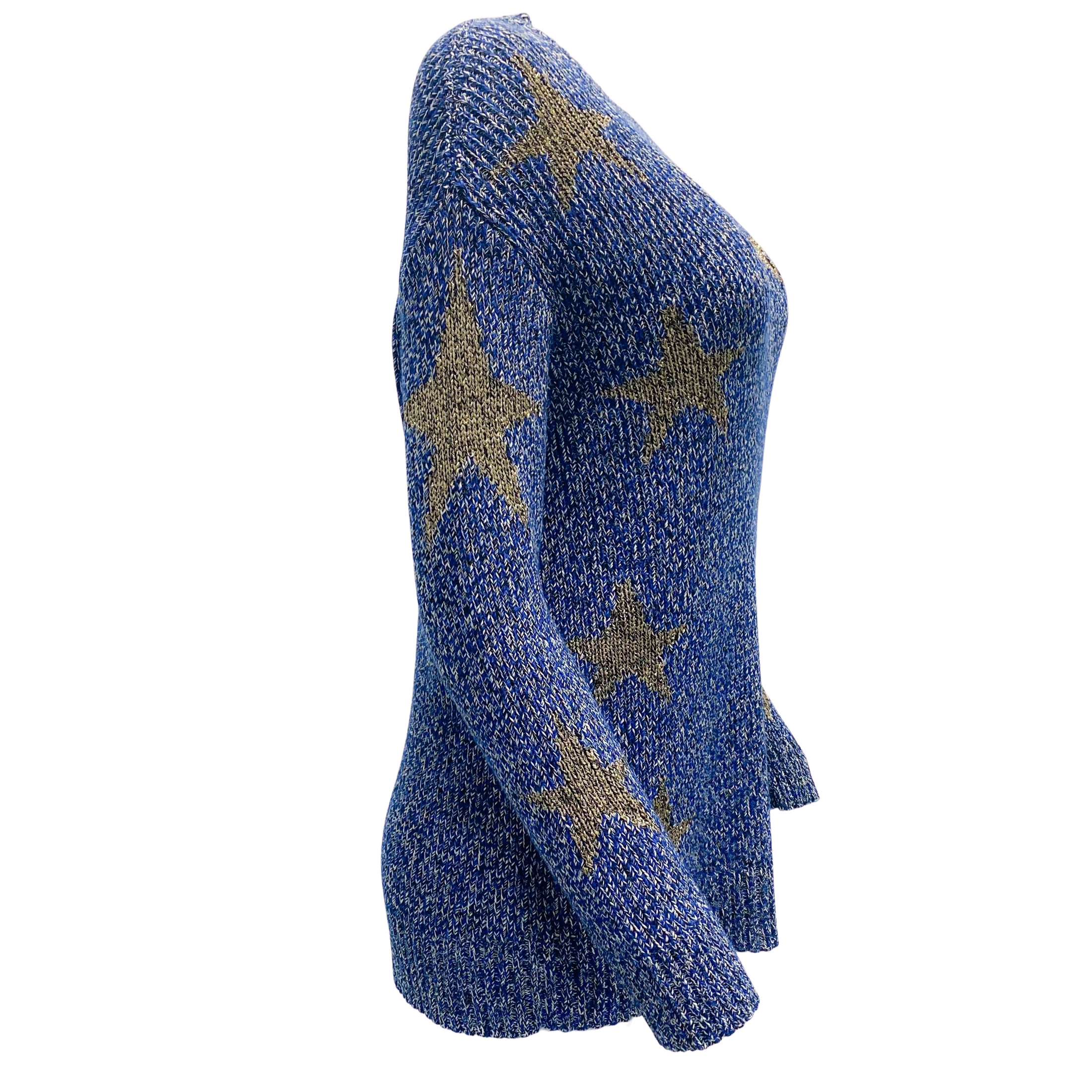 Valentino Blue and Gold Metallic Star Intarsia Mouliné Knit Sweater