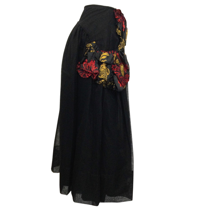 Simone Rocha Black Tulle with Red / Gold Brocade with Ruched Pockets Skirt