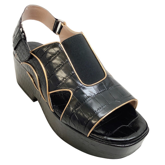 Dries Van Noten Black Croc Embossed Platform Sandal with Gold Embellishments