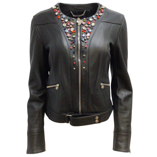 Philipp Plein Black Multi Leather Bejeweled Skull Embellished Full Zip Jacket