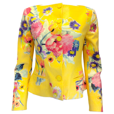 Ralph Lauren Collection Yellow Multi Floral Printed Lambskin Leather Jacket