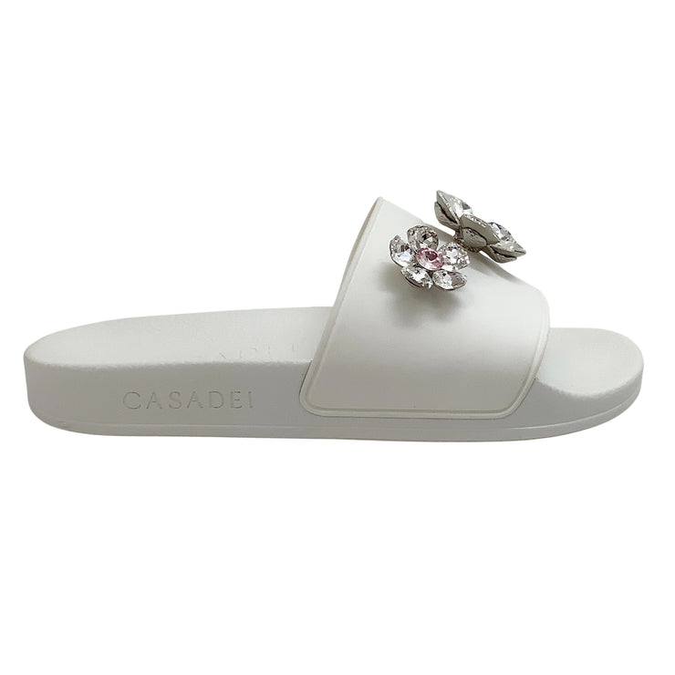 Casadei White with Crystal Flower Pool Slide Sandals