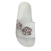 Casadei White with Crystal Flower Pool Slide Sandals
