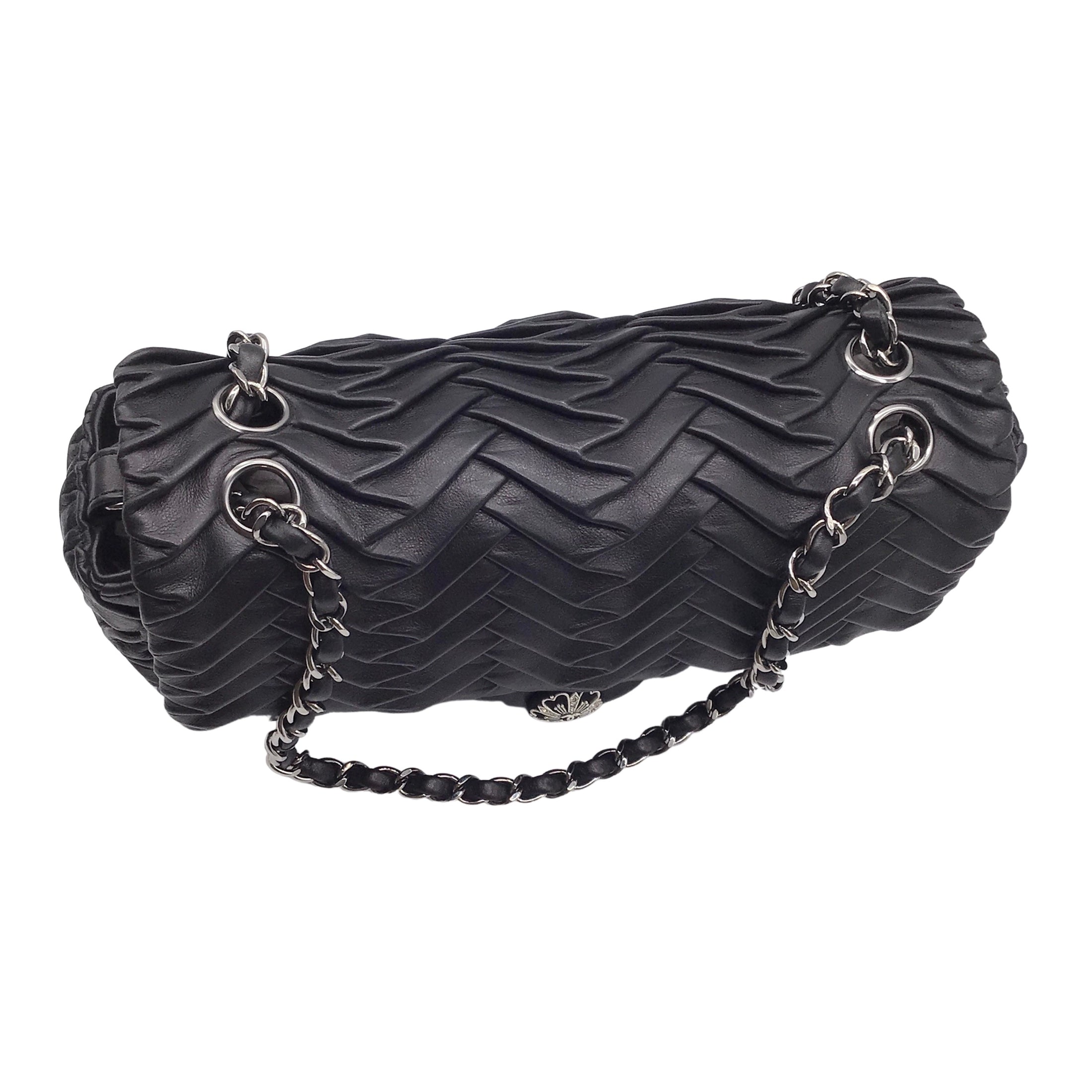 Chanel Classic Flap 2007 Pleated Black Lambskin Leather Shoulder Bag