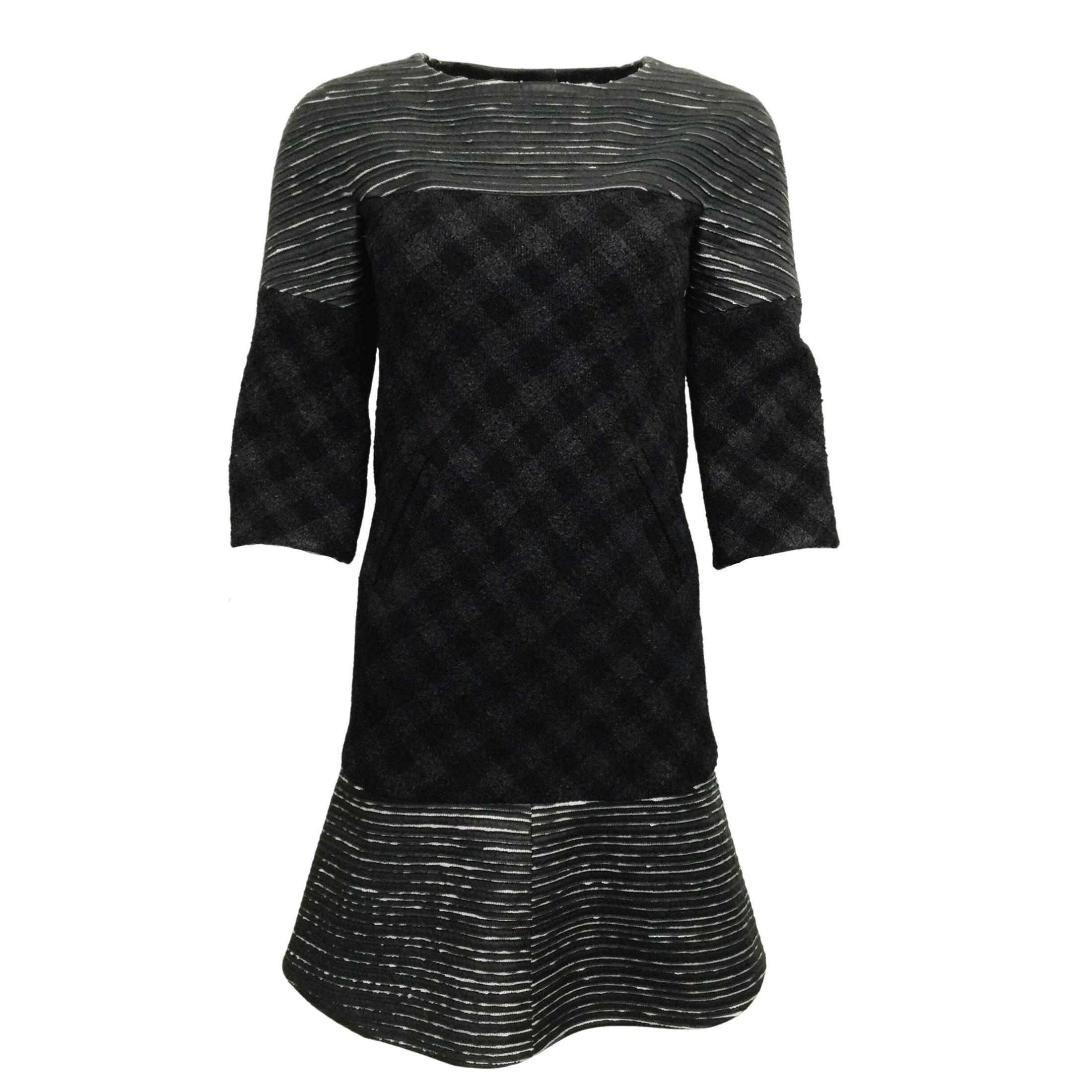 Chanel Black / Gray 2013 Tweed and Leather with 3/4 Sleeve Cocktail Dress