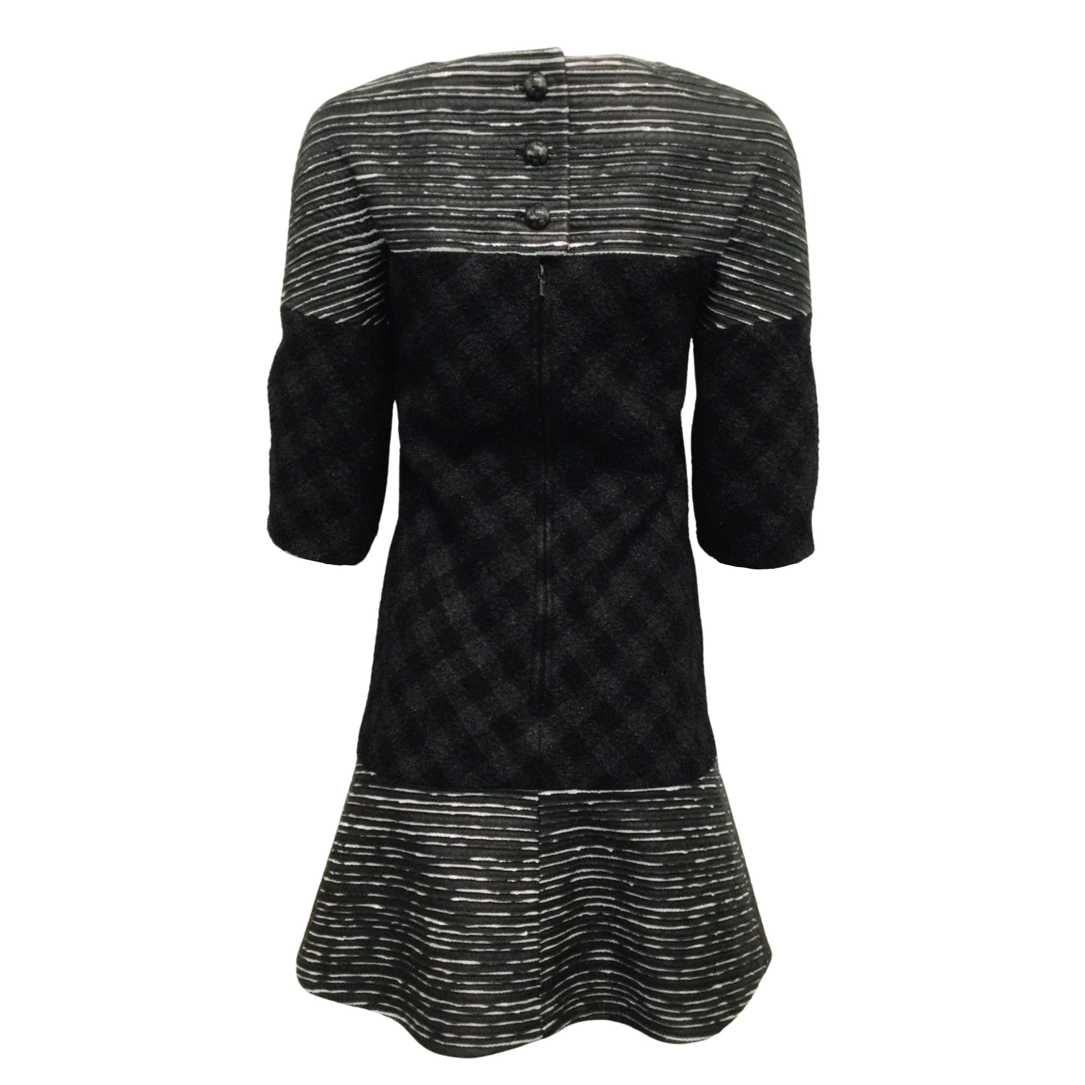 Chanel Black / Gray 2013 Tweed and Leather with 3/4 Sleeve Cocktail Dress