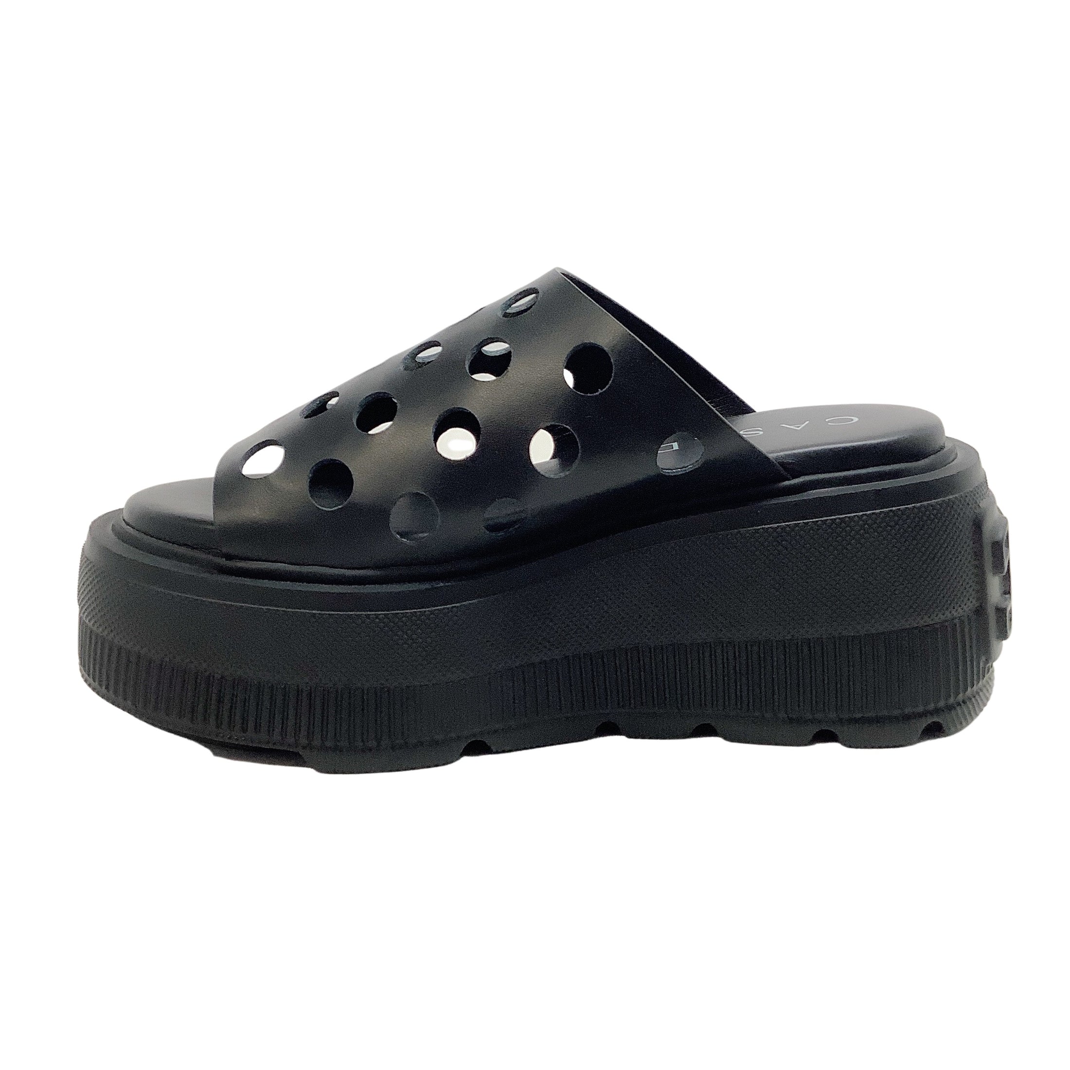 Casadei Black Leather Perforated Nexus Platform Slide Sandals