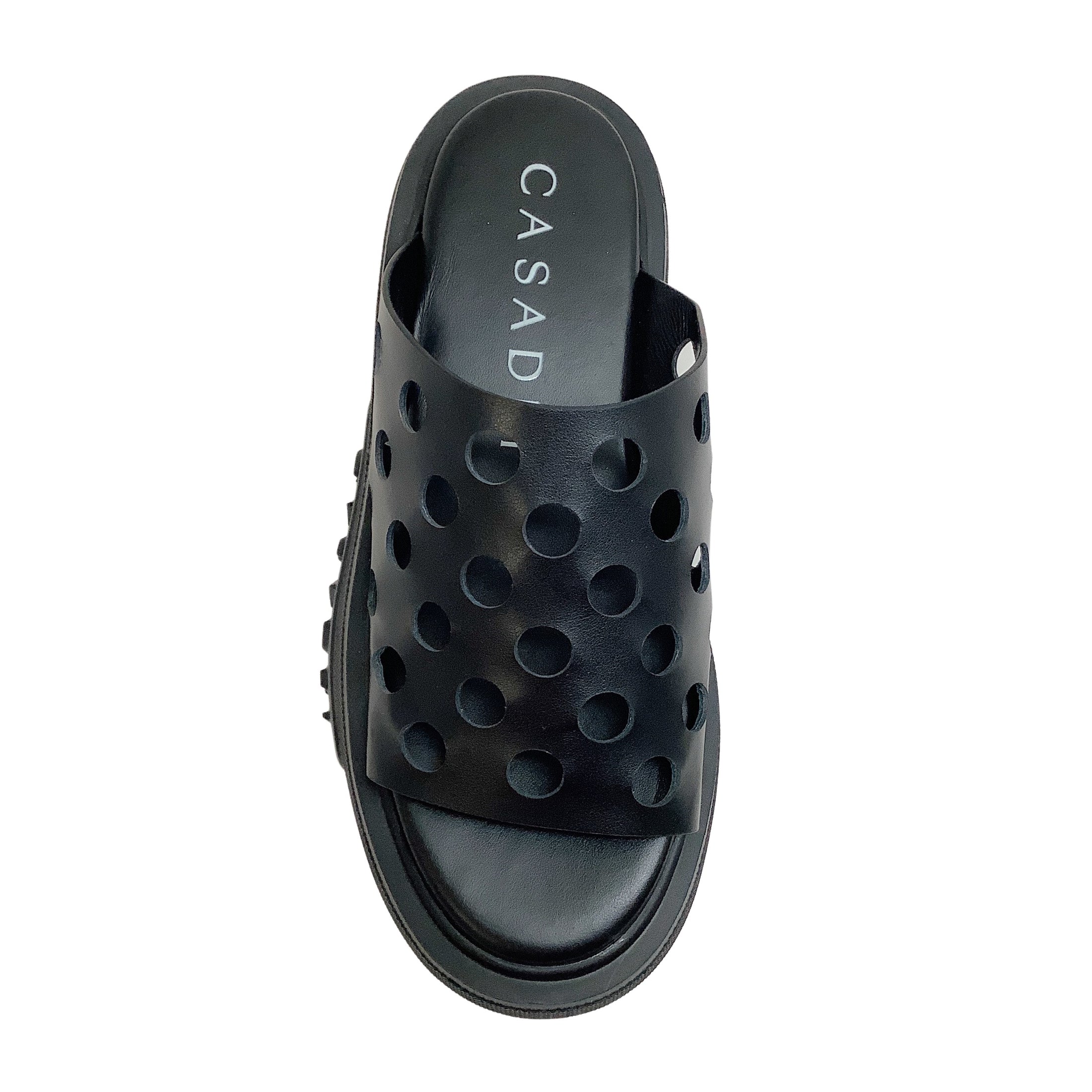 Casadei Black Leather Perforated Nexus Platform Slide Sandals