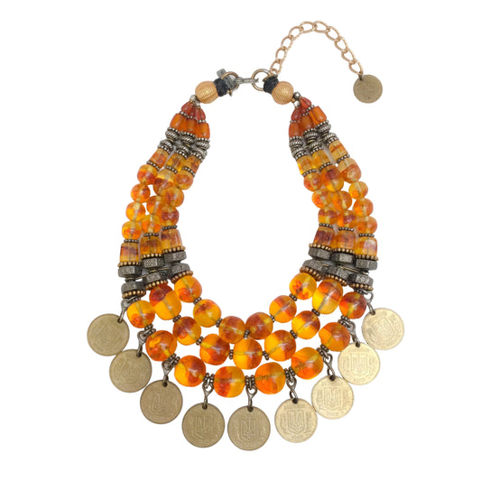 Masha Archer Amber / Gold Vintage Triple Strand Necklace