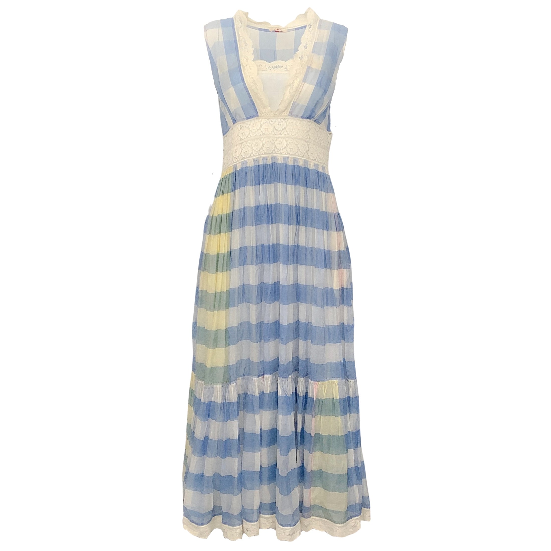 Pero Blue / White Gingham Sleeveless Maxi Dress with Lace