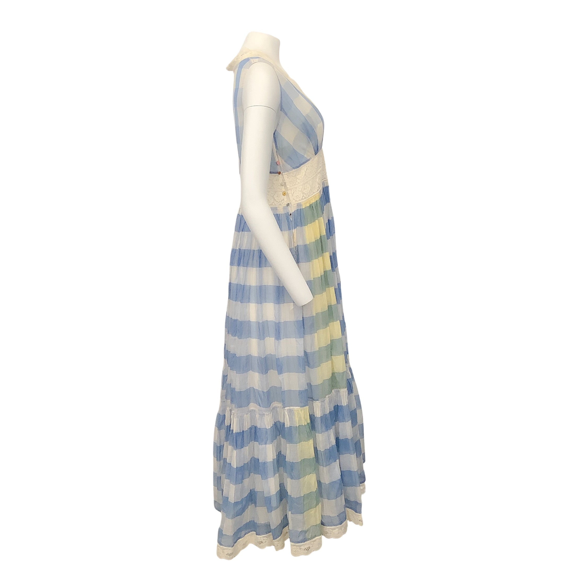 Pero Blue / White Gingham Sleeveless Maxi Dress with Lace