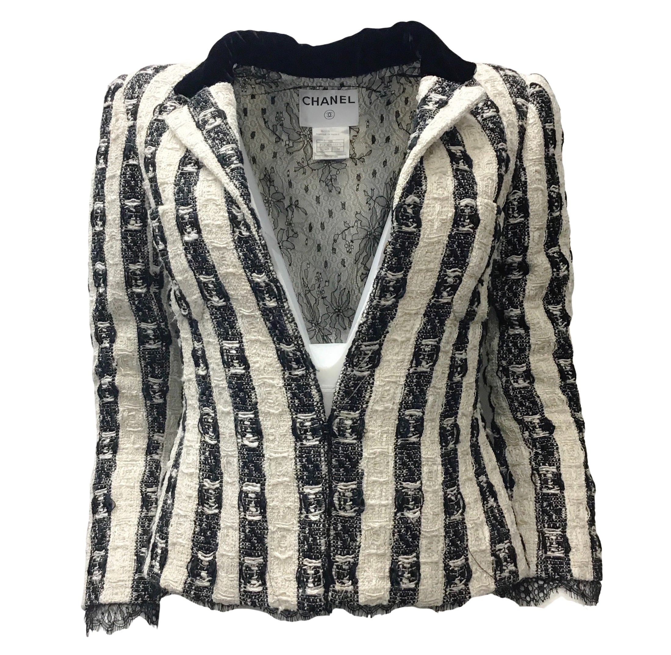 Chanel Ivory / Black Tweed with Velvet Collar Blazer