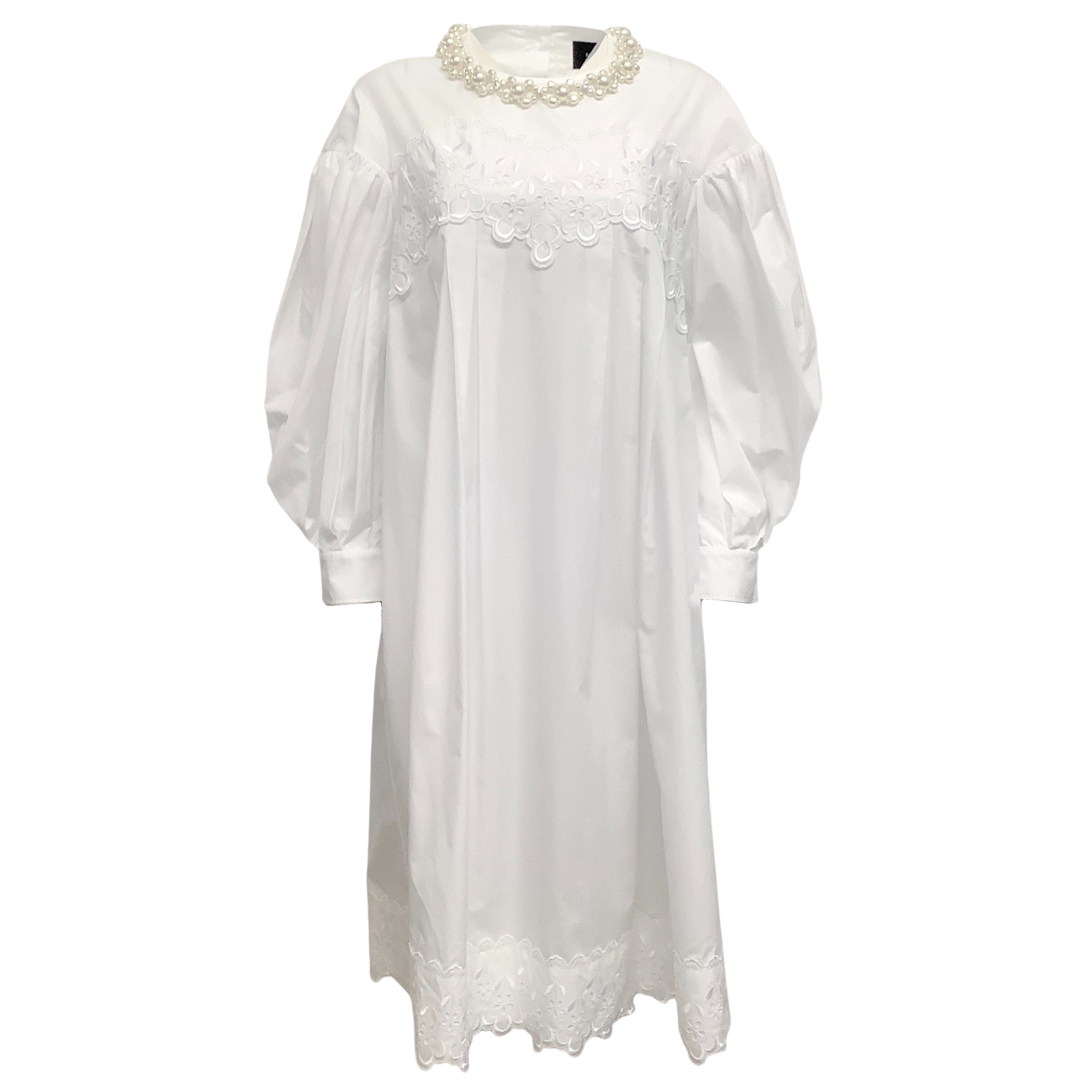 Simone Rocha White Cotton Long Puff Sleeve Dress with Pearl Detail
