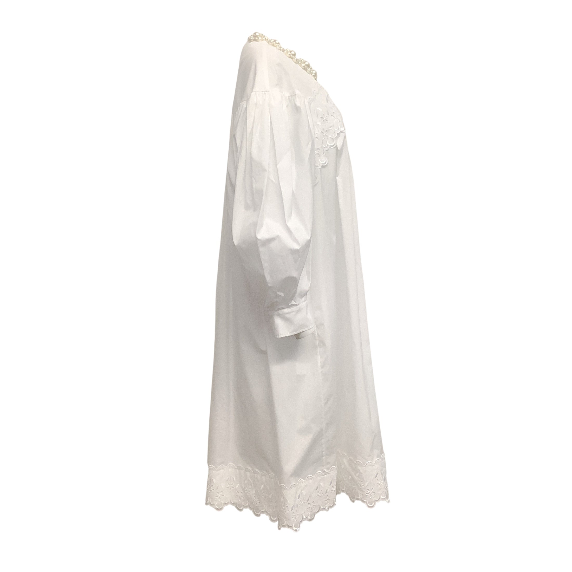 Simone Rocha White Cotton Long Puff Sleeve Dress with Pearl Detail