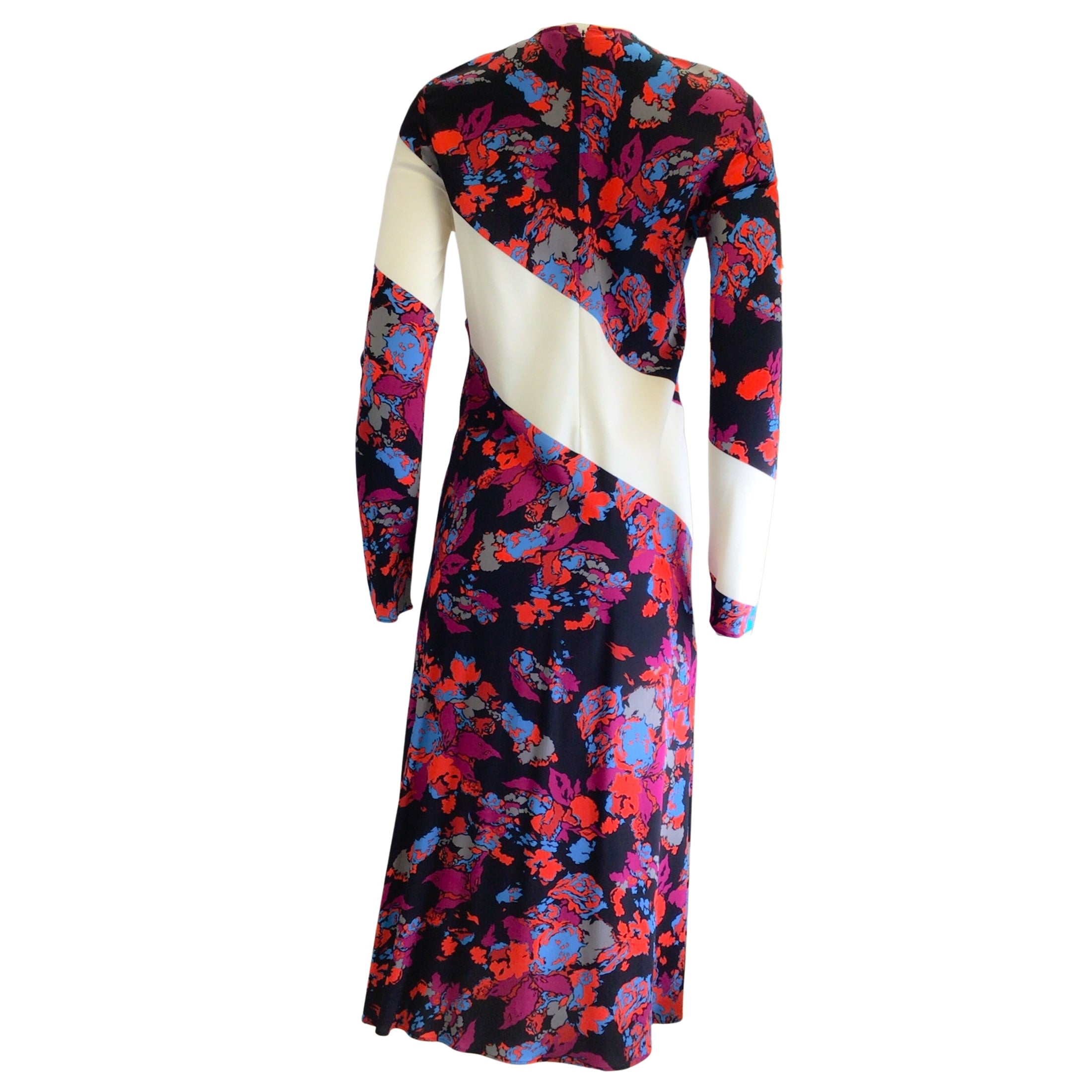 Givenchy Black / Ivory Multi Floral Printed Asymmetric Striped Long Sleeved Crepe Midi Dress