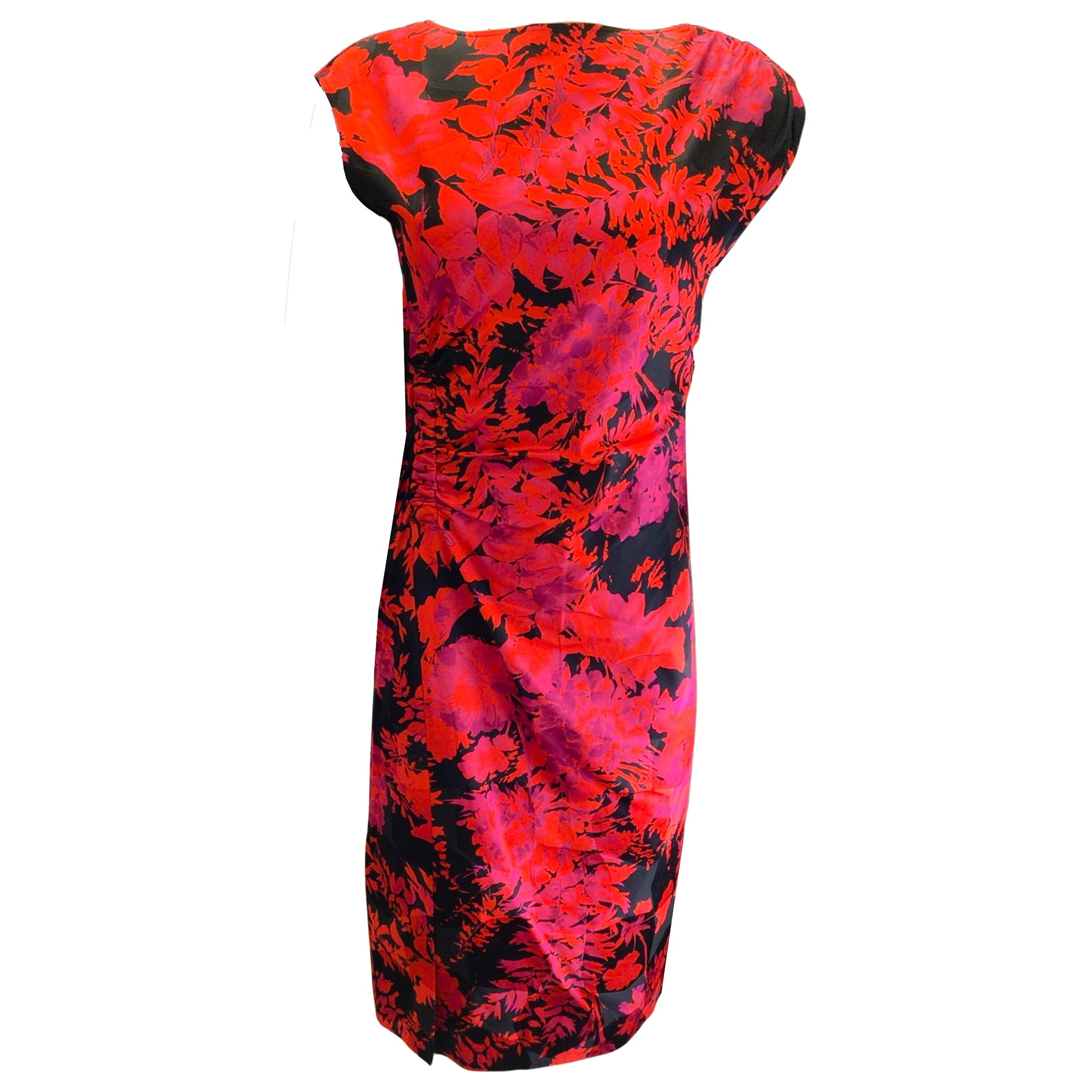 Dries van Noten Poppy Red / Pink / Black Deto Ruched Gathered Floral Printed Midi Shift Dress