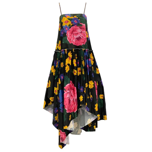 Marques Almeida Black Cotton Floral Print Spaghetti Strap Dress