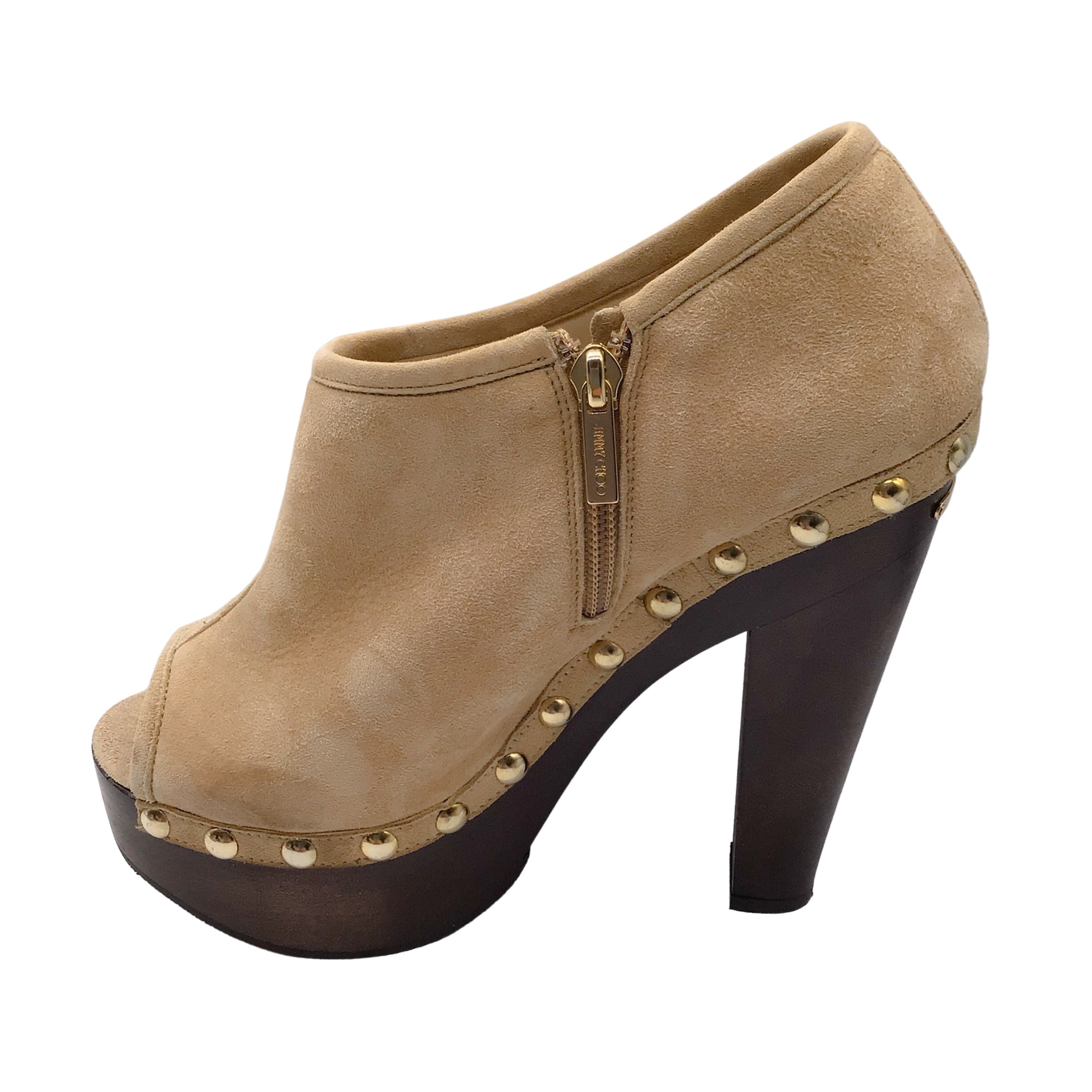 Jimmy Choo Urge Beige / Gold Studded Suede Leather Peep Toe Clog Ankle Boots / Booties