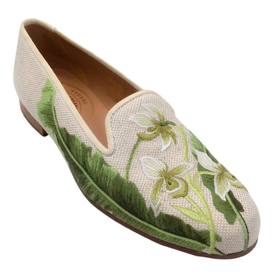 Stubbs & Wootton Beige / Green Floral Embroidered Canvas Flats