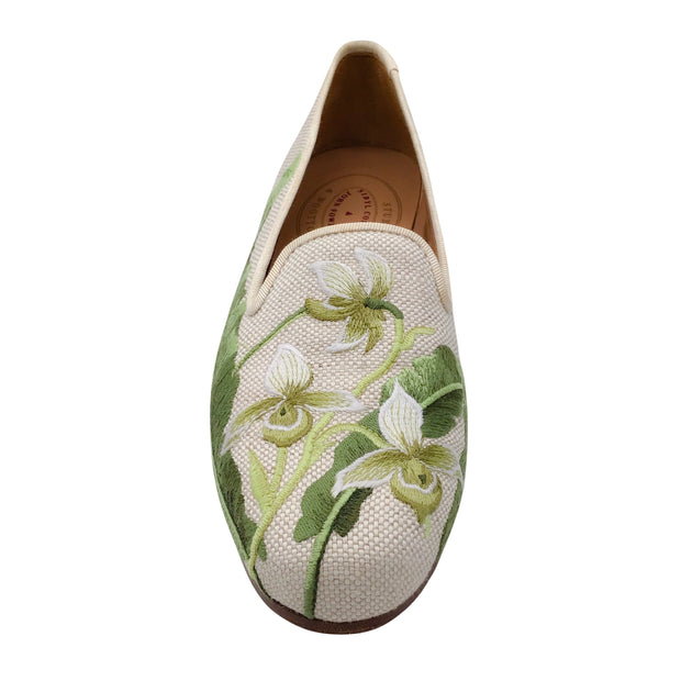 Stubbs & Wootton Beige / Green Floral Embroidered Canvas Flats