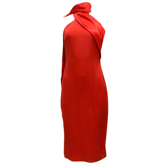 Cushnie et Ochs Vermilion / Red Scarf Detail Sleeveless Silk Pencil Midi Formal Dress