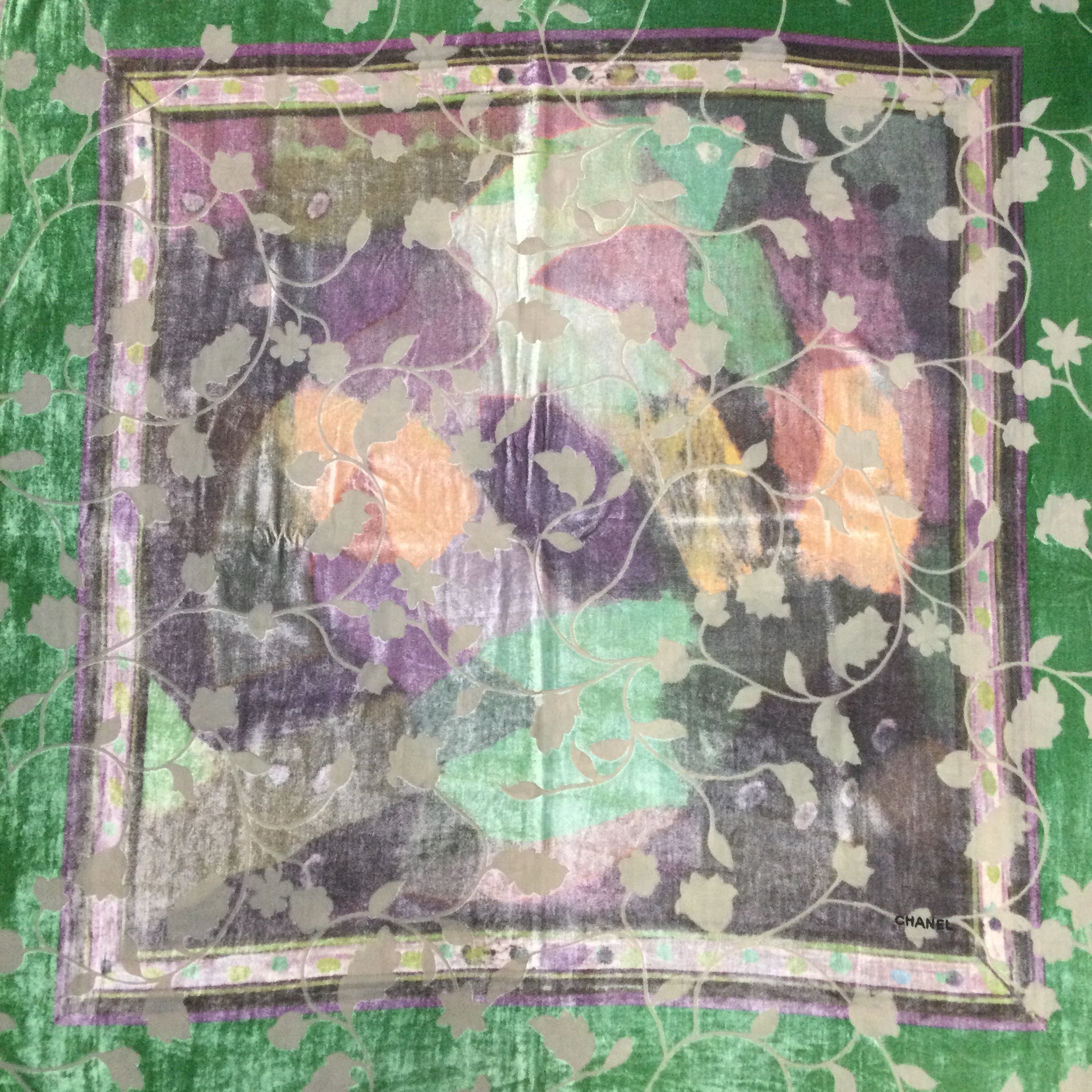 Chanel Green / Purple Leaf Design Square Scarf/Wrap
