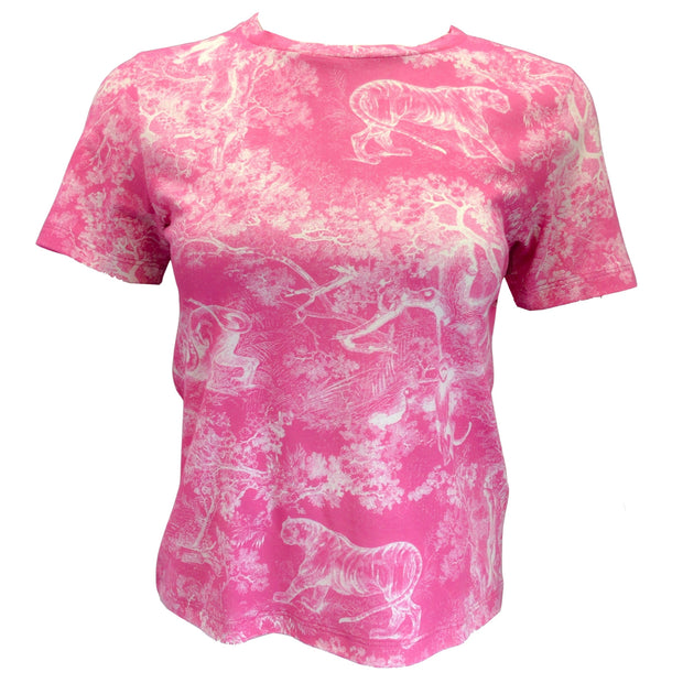 Christian Dior Pink / White 2022 Toile de Jouy Reverse Short Sleeved Cotton and Linen Tee Shirt