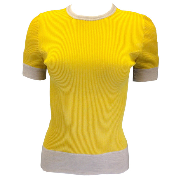 Christian Dior Mustard Yellow / Beige Trimmed Short Sleeved Ribbed Knit Sweater