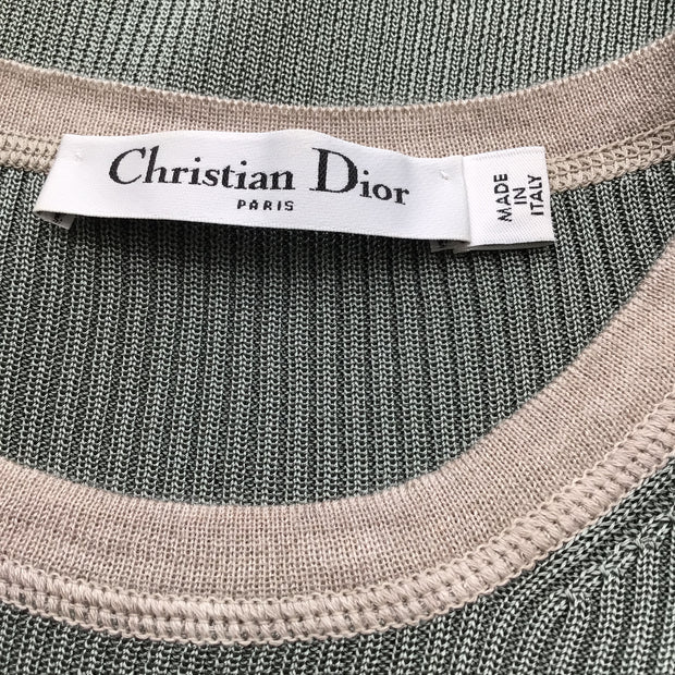 Christian Dior Sage Green / Beige Trimmed Short Sleeved Ribbed Knit Sweater