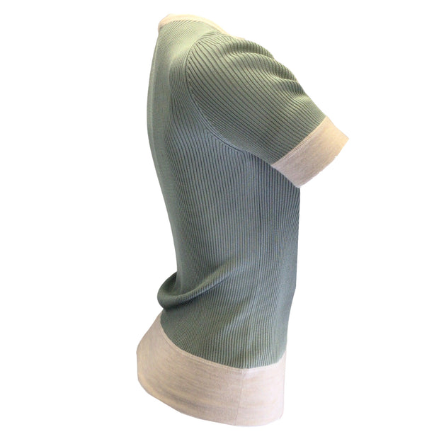 Christian Dior Sage Green / Beige Trimmed Short Sleeved Ribbed Knit Sweater