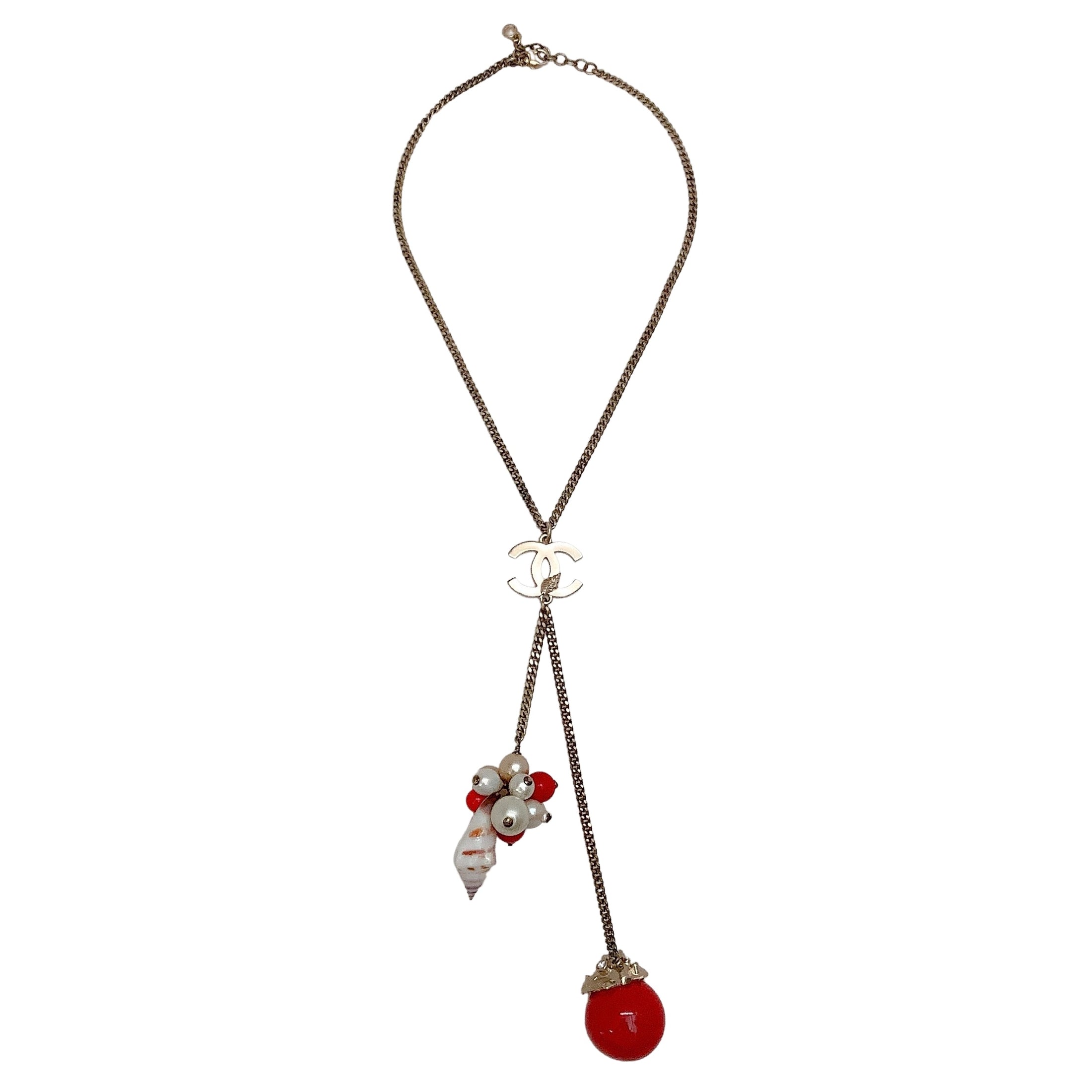 Chanel Red Bead And Pearl Necklace with Shell