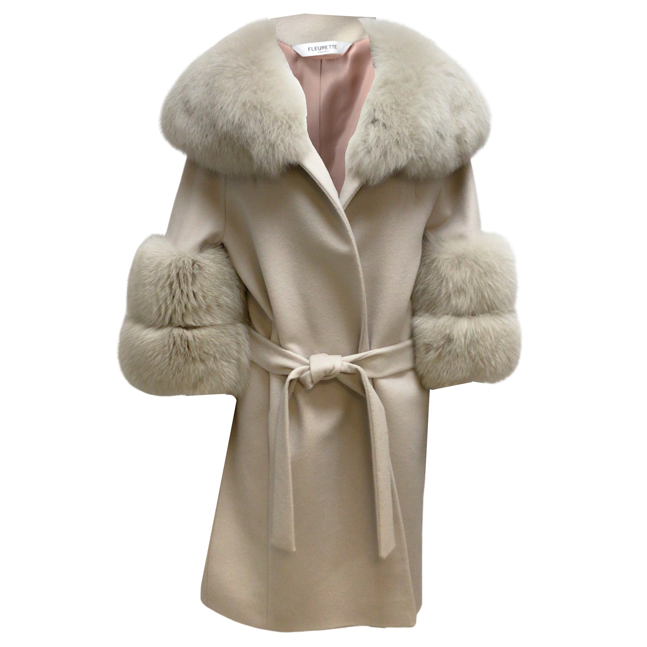 Fleurette Fawn Belted Fox Fur & Wool Coat